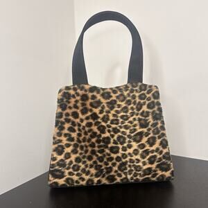Vintage 90s Leopard Print Mini Purse Hand Bag Y2K Single Black Satin Strap Retro